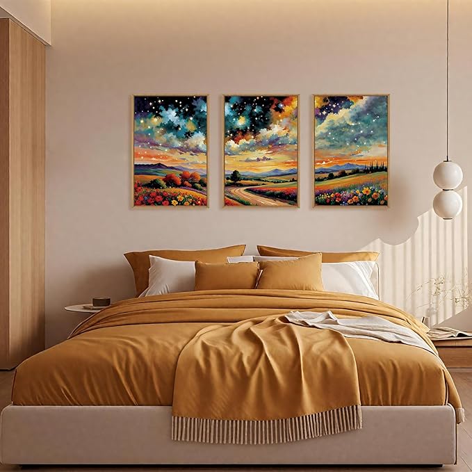 Large Abstract Mountain Flower Framed Canvas Wall Art,Colorful Starry Night Wall Decor,Retro Natural Wildflower Wall Painting,Field Artwork for Living Room,Bedroom,Dining Room,Office -24"x36"x3
