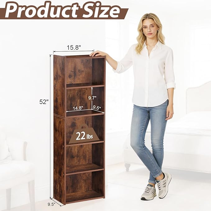 5-Tier Narrow Bookcase for Small Spaces, Freestanding Bookshelf Organizer with Open Shelves for Home Office, Bedroom, Apartment, Kids Room, Storage for Books, Toys and Bins, Rustic Brown