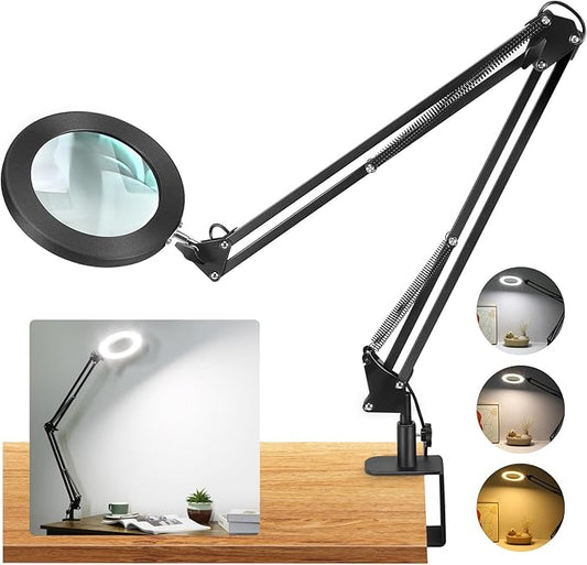 Large 10X Magnifying Glass with Light, 5 in Real Glass Stand Lighted Magnifier, 3 Color Modes Steepless Dimmable LED Magnifying Desk Lamp with Clamp, Hands Free for Close Work Crafts Hobby