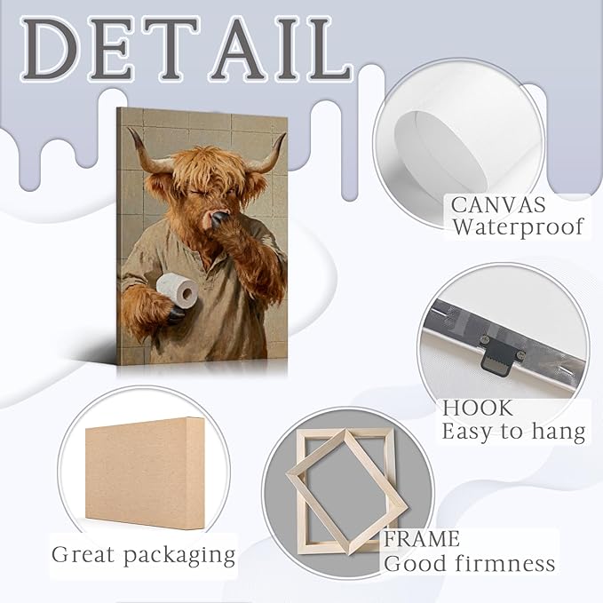 Funny Highland Cow Bathroom Decor Cow Holding Nose Bathroom Canvas Wall Art Posters Pictures with Wooden Frame, Lightweight Humorous Animals Wall Art Painting for Home Toilet Decor, 24x36 Inches