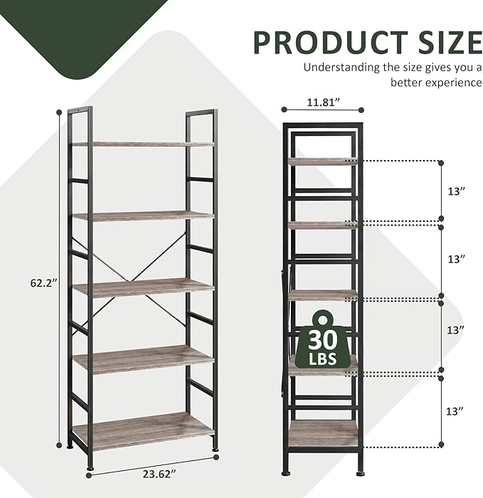 5 Tier Bookshelf, Free Standing Wooden Bookcase with Open Storage Shelves with Metal Frame, Sturdy Shelf Organization Display Rack for Living Room, Bedroom, Home Office, 62.2" Tall, Grey