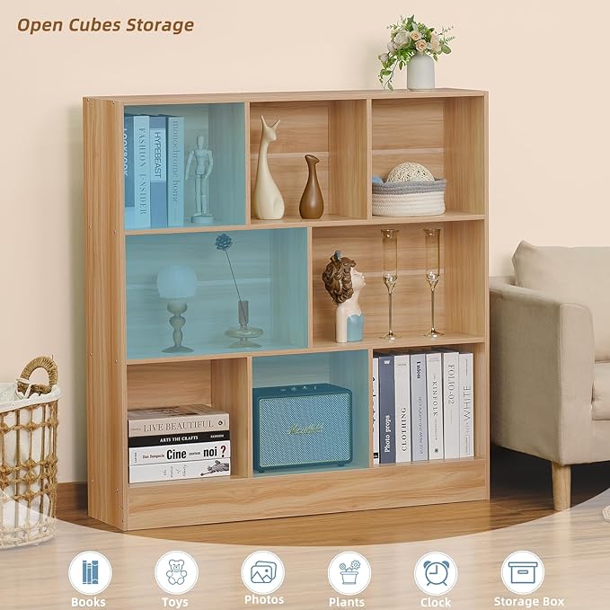 LEYAOYAO 8 Cube Bookshelf with Base,3 Tier Mid-Century Modern Natural Bookcase,Standing Wide Bookshelves Storage Organizer Shelf,Rustic Wood Display Cabinet Book Shelves for Bedroom,Living Room,Office
