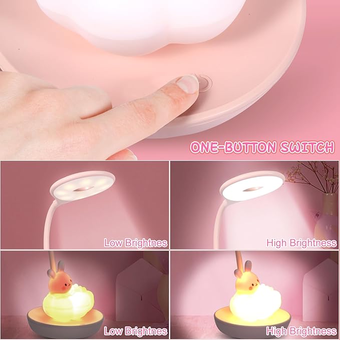 Cute Rabbit Design Dimmable Touch LED Reading Desk Lamp Night Light with 5 Levels Brightness for Boy,Girl Kid Teen (Pink Cloudy Bunny)
