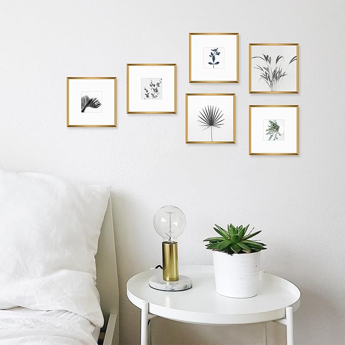 Golden State Art, Gallery Wall Frame Set of 6 - Bronze 8x8 Aluminum Photo Frames with Mat for 4x4 Pictures - 8 x 8 inch Metal Frame with Real Glass Cover - Elegant Home or Office Decor