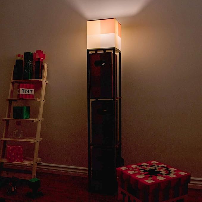 Minecraft Brownstone Torch 5-Foot Standing Floor Lamp and Storage Unit | Includes 3 Cube Organizer Storage Bins