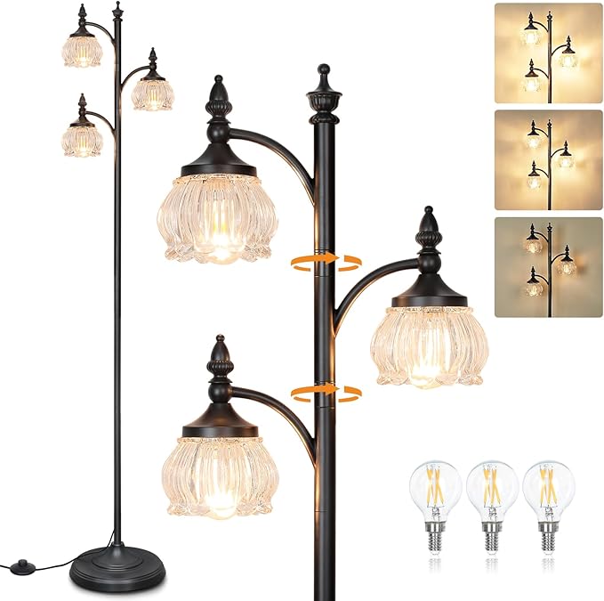 Black Standing Lamps for Living Room 66.5in Floor Lamps with Glass Shade 3 Way Brightness Lights Dimmable Modern Corner Lamp for Bedroom Office(3LED Bulbs Included)