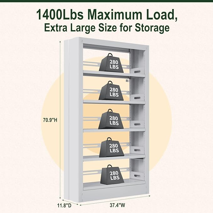 Metal Bookshelf, 5-Tier Bookcase with Adjustable Storage Shelf, 71" Tall Bookcases Heavy Duty bookcase with Bookends, Modern Bookshelf for Living Room, Library, Bedroom,Includes Book Stoppers-White