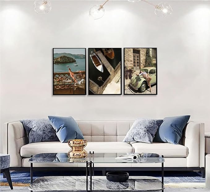 3Pcs Mediterranean Coastal Canvas Wall Art Vintage Italian Travel Photography Posters Prints Beach Vacation Lifestyle Pictures Wall Decor for Living Room Bedroom Office Home Decoration Unframed