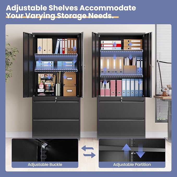 2 Drawer Lateral File Cabinet, Office Storage Cabinet with 2 Wide&Deep Drawers and Locking Doors, Black Metal Cabinet with Adjustable Shelves for Home Office, Fits A4/Letter/Legal Size Folders