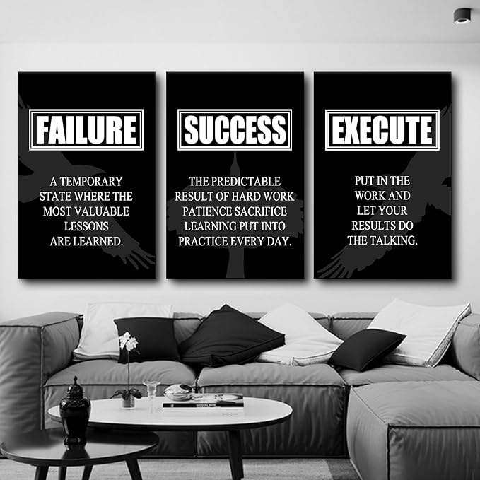 3 Pieces Inspirational Canvas Wall Art Motivational Entrepreneur Quotes Picture Painting Failure Success Execute Noun Poster Print for Living Room Office Gym Wall Decor Ready to Hang [72''Wx36''H]
