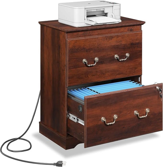 DEVAISE 2 Drawer File Cabinet,Lateral Vintage Farmhouse Wood Filing Cabinet with Lock & Charging Station for Letter/Legal/A4 Size, Brown Oak