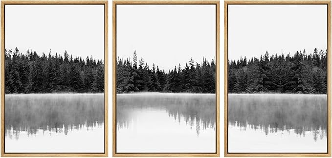 SIGNWIN 3 Piece Framed Canvas Wall Art Woodland Nursery Decor Black and White Forest with Lake Nature Abstract Traditional Home Artwork Decoration for Living Room,Bedroom - 16"x24"x3 Natural