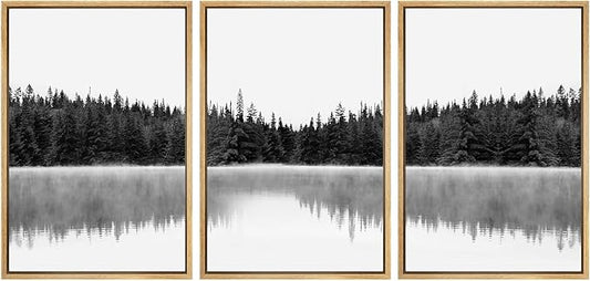 SIGNWIN 3 Piece Framed Canvas Wall Art Woodland Nursery Decor Black and White Forest with Lake Nature Abstract Traditional Home Artwork Decoration for Living Room,Bedroom - 24"x36"x3 Natural