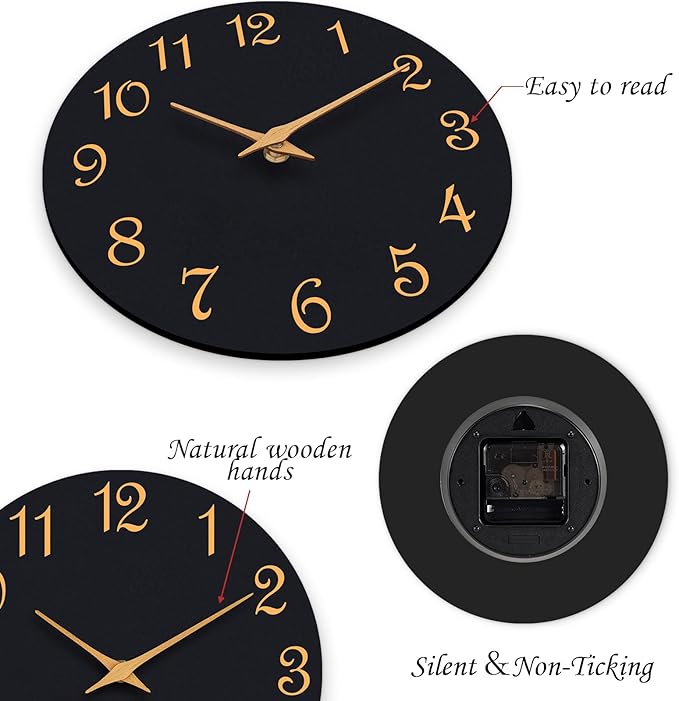 Wall Clock, 10 Inch Modern Wall Clocks Battery Operated, Silent Non Ticking Clock Decorative for Kitchen, Living Room, Bathroom, Office, Bedroom(Black Gold)