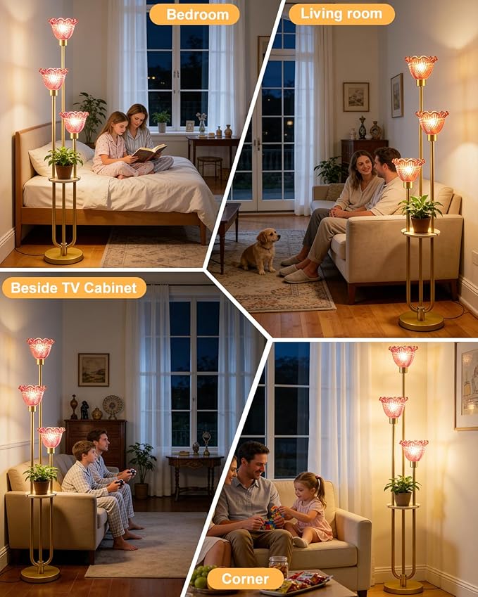 Lightdot Glass Floor Lamp for Living Room Dimmable Gold Floor Lamp with Rose Red Glass Shade & 3000K Bulbs Included 3-Lights Modern Tall Standing Lamp for Bedroom/Sofa Beside/Corner Decor