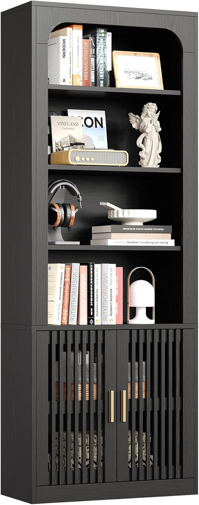 IRONCK Mid-Century Book Shelf, 6-Tier Floor Standing Bookcase with Grille Doors, Tall Storage Shelves for Display & Organizing, Suitable for Home Office, Living Room(Black)