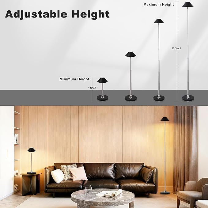 Rechargeable Floor Lamp for Indoor/Outdoor, Cordless Tall Standing Lamp with 3 Color Temps & Dimmable, IP43 Waterproof, Adjustable Height 16-56 Inch, Portable Pull-Up Lamp for Camping, Patio(Black)