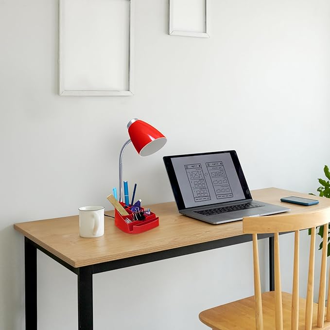 Simple Designs LD1067-RED Compartmental Desk Lamp with iPhone/iPad/Tablet Stand, Bendable Gooseneck, for Office, Living Room, Nightstand, Library, Entryway, Red