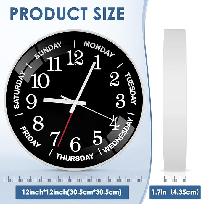 12 Inch Day of Week Wall Clock, Non Ticking Modern Clocks Battery Operated，Analog Day Clock for Seniors Eldly，Classic for Office Home Classroom Bedroom School,Unique Gift Clock