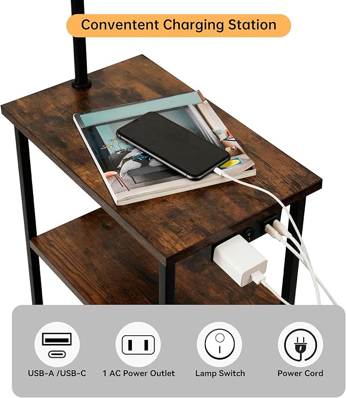 Floor Lamp with Table, Narrow Side Table with Fabric Basket, USB-A/USB-C Charging Station and AC Port, 3 Color Temperatures 12W LED Bulb, End Table for Bedroom, Living Room and Home Office, Brown
