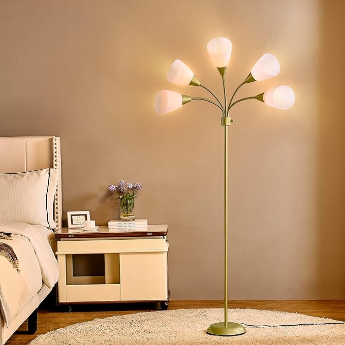 Medusa Modern Decor Floor Lamp, 5 Head Adjustable Gooseneck Lamps for Reading, White Shades Multiple Tall Standing Lamps for Living Room Bedroom Office Kids Classroom, Gold, Bulbs Included
