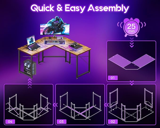 Casaottima 51 Inch L Shaped Gaming Desk, Corner Table Sturdy Workstation for Home Office, Writing, Gaming, Computer Desk for Small Space, Easy Assembly, Rustic Brown