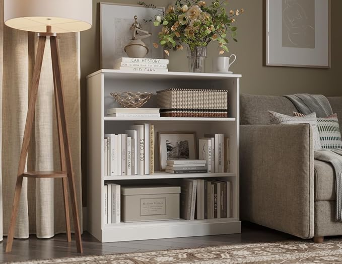 Palace Imports Solid Wood Bookcase - 3-Tier Floor Standing Bookshelf - 36" Short Storage Shelf, 32” Wide - White, Display Furniture for Living Room, Renewable 100% Eco-Friendly Wood, Made in Brazil