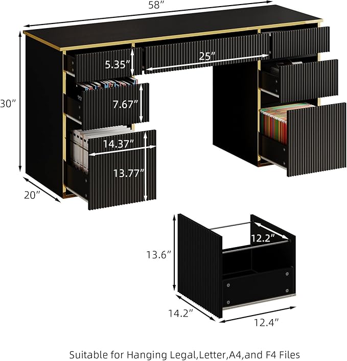 Black Computer Desk with Drawers, 58 Inch Home Office Desk with File Drawers for Bedroom, Executive Desk with Storage for Study, Black and Gold