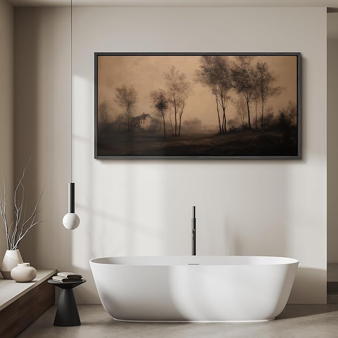 SIGNFORD Extra Large Framed Canvas Print Wall Art Vintage Sepia Countryside Trees and Cottage Illustrations Modern Art Calm Warm for Living Room, Bedroom, Office - 60"x30"
