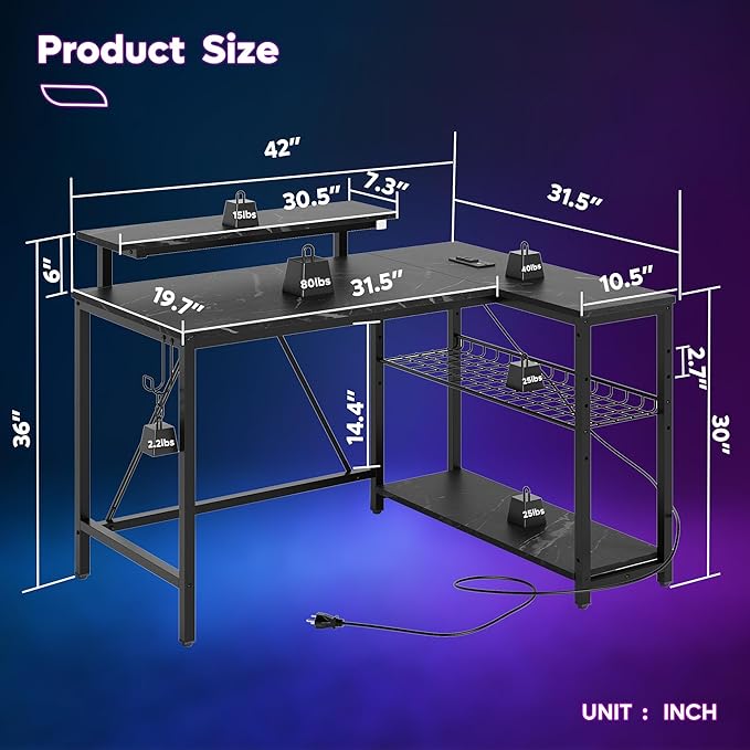 Bestier Gaming Desk with Power Outlets, 42" L-Shaped Gaming Desk with LED Lights, Desk with Reversible Storage Shelves & Hooks for Small Spaces, Bedrooms & Offices, Marble Black
