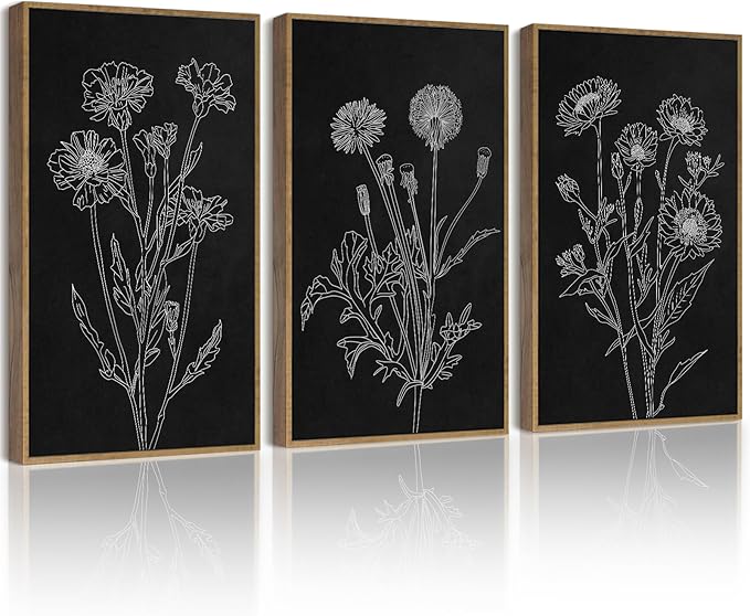 Drsoum Black White Flower Wall Art Vintage Minimalist Floral Wall Hanging Decor Botanical Prints Artwork for Office Dining Room Hallway 11x14in Natural Framed