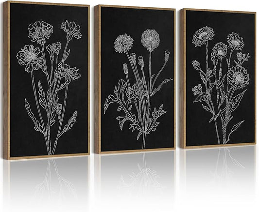 Drsoum Black White Flower Wall Art Vintage Minimalist Floral Wall Hanging Decor Botanical Prints Artwork for Office Dining Room Hallway 11x14in Natural Framed