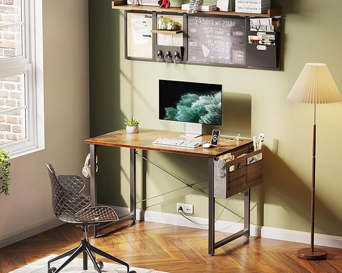 KKL Small Desk with Power Outlets and USB Port Computer Desk for Home Office Gaming Simple Modern Style Writing Desks with Storage Bag Headphone Hook, 32 inch, Rustic Brown