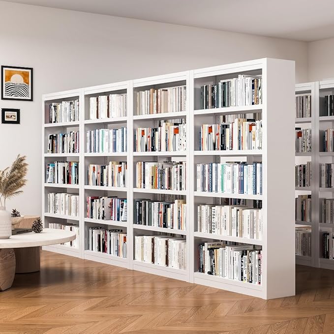White Bookshelf，6-Tier Bookcase with Adjustable Storage Shelves，Metal Bookshelf with Book Stopper for Living Room, Home Office, Library