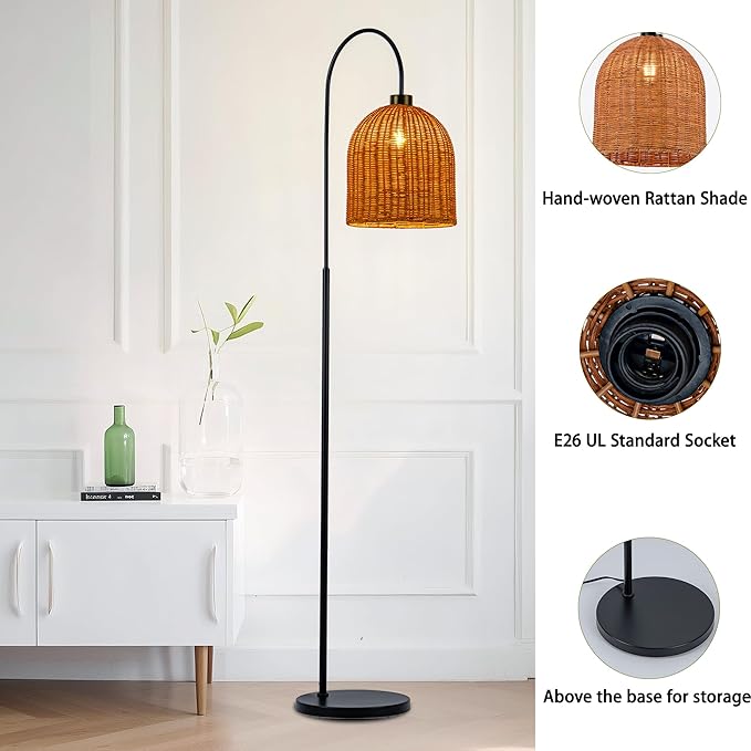 MAYNA Rattan Floor Lamp, 66 in. Bohemian Style Floor lamp with Natural Brown Rattan Shade, Rustic Curved Standing lamp for Coastal, Beach or Bohemian Decor (Coastal Black)