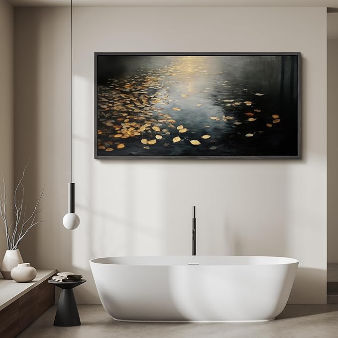 SIGNFORD Extra Large Framed Canvas Print Wall Art Moody Water Reflection with Floating Leaves Illustrations Modern Art Calm Warm for Living Room, Bedroom, Office - 60"x30"