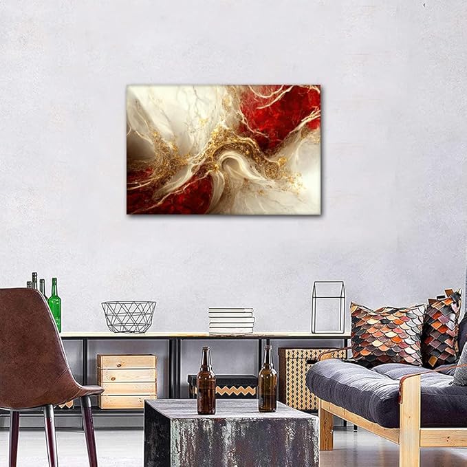 Wall Art for Living Room Abstract Backdrop Canvas Poster 1 Panel Wall Decor Red and Gold Colors Marble Art Picture Prints on Canvas for Men Bedroom Wall Decoration Framed Ready to Hang 24x16 in