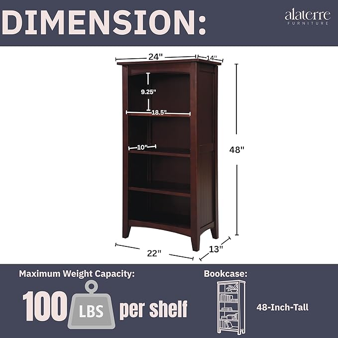 Shaker Cottage 4-Shelf Bookcase – Classic Wood Bookshelf with Beadboard Side Panels, Tapered Legs, and Open Storage for Living Room, Office, or Kids Room by Alaterre Furniture (Espresso Finish)