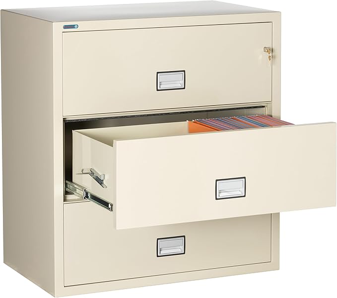 38 inch Wide 3-Drawer Lateral Fireproof File Cabinet – Legal and Letter Size Filing – Key Lock – Water Resistant – Fire Safe and Impact Rated – Putty Finish – Model LAT3W38P