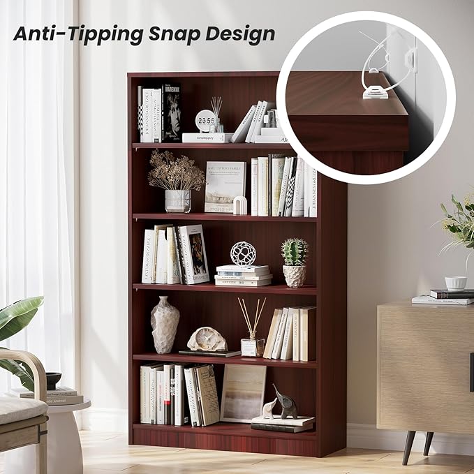 Bookcase Adjustable Storage Shelves,5-Tier Modern Wood Bookcase for Bedroom,60-Inch Bookshelf, Office, Living Room & Library(Cherry)