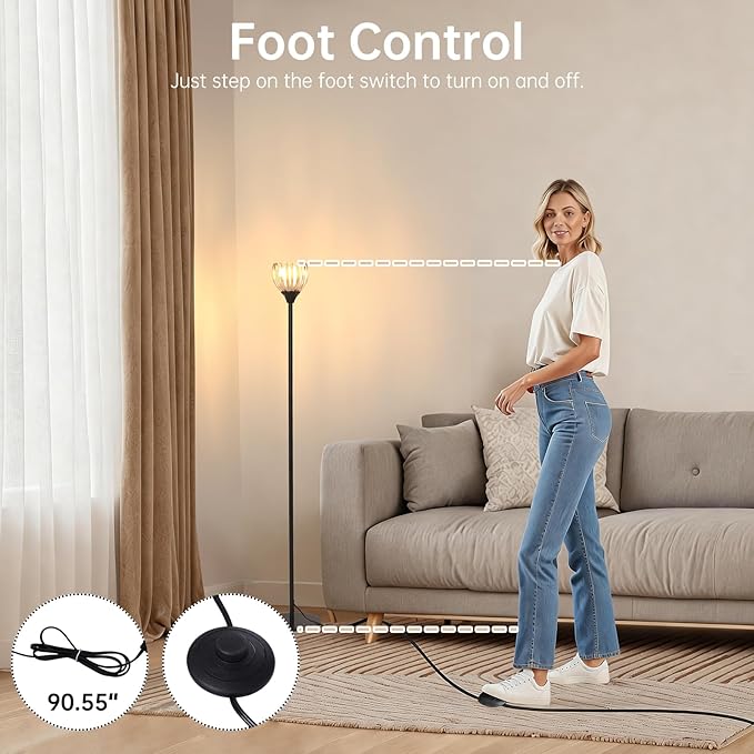 Floor Lamps for Living Room, Bedroom, Black Standing Lamp with 12W Bulb, Vintage Floor Lamp for Reading, Nursery, Corner (Amber Tulip)