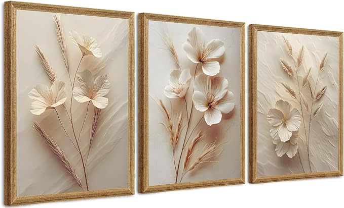Wall Art Set Of Three Botanical Flower Canvas Prints With Wood Frames For Living Room Bedroom Home Decor Art Prints 12x16 Inch Each Wood Framed Easy To Hang
