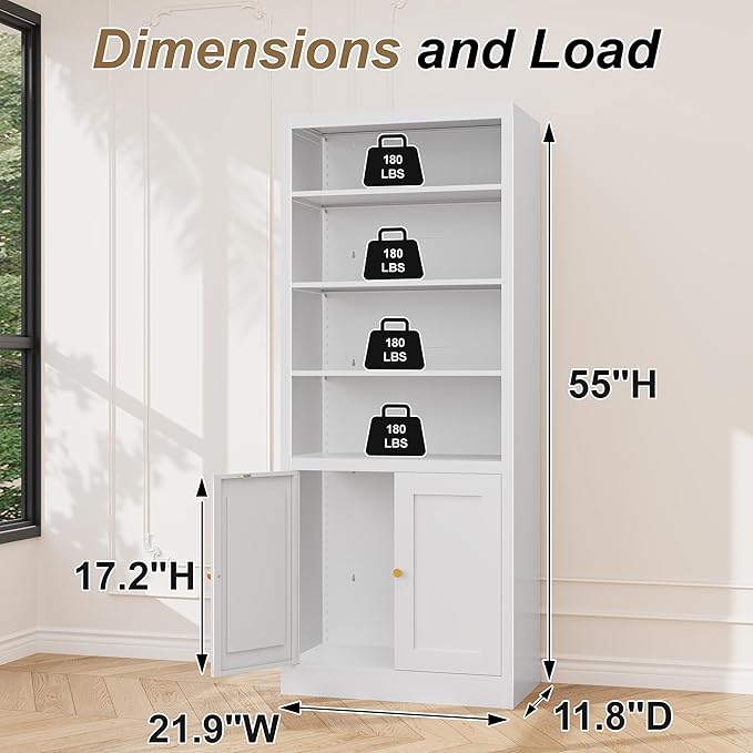 White Bookcase, Library Office Book Shelf with Adjustable Shelves, Tall Bookcase with Doors for Bedroom Living Room Kitchen. Metal Bookshelf Ideal for Home Organization & Stylish Upgrades