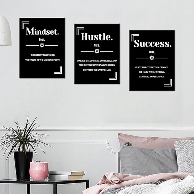 Inspirational Canvas Wall Art 3 Pieces Mindset Hustle Success Home Decor Motivational Quotes Artwork Positive Picture Painting for Bedroom Bathroom Gym Office Stretched and Framed [36''W x 16''H]