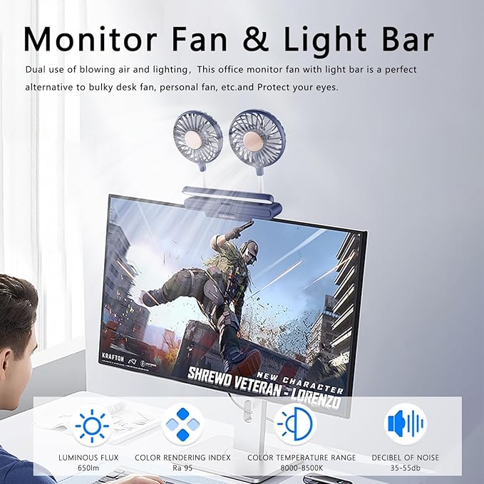 Binguowang Monitor Fan with Clamp & Light Bar Desk Lamp with fan for Office mini Desk fan small quiet with lamp for PC Laptops Tablet for Home Office Portable Working Reading Stand Lamp (Dark Blue)