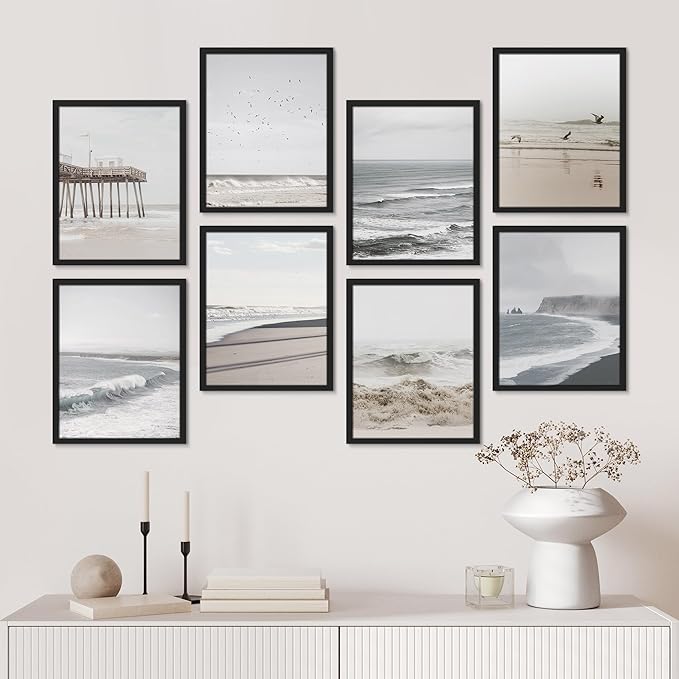 SIGNWIN Framed Poster Wall Art Set of Ocean Beach Seashore Coastals, White Minimalist California Ocean Beach Seashore Pier Nature Wilderness for Living Room, Bedroom, Office - 11"x14"x 8 Black