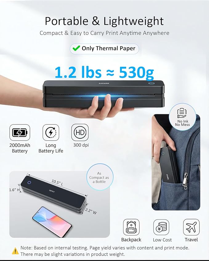 Inkless Portable Printer for Travel, Wireless Thermal Printer Supports 8.5 x 11" US Letter, A4, MT610Pro 300DPI Small Bluetooth Printers Compatible with iOS Android Laptop for Home Office Car, Black