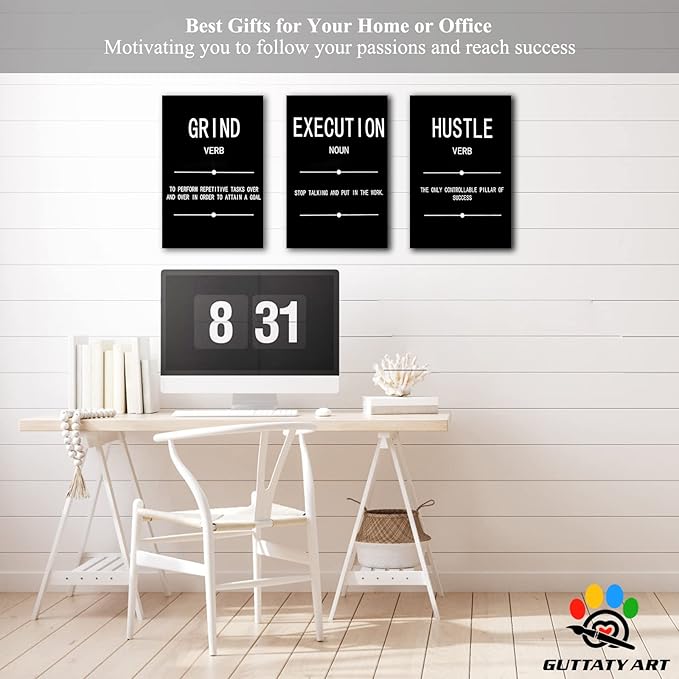 Office Wall Art - 3 Panel Motivational Wall Art, Inspirational Quotes Canvas Art for Home Office Wall Decor, Positive Quotes Wall Decor, Entrepreneur Grind Hustle Execution Poster Frame (12”x18”x3Pcs)