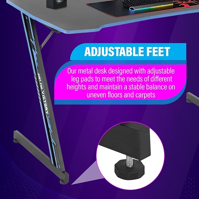 PayLessHere | 47" Gaming Table | Blue | Z-Shaped Computer Desk with Steel Frame, Headphone Hook, Adjustable Feet | Carbon Fiber Texture Surface, Sweat & Waterproof | for Gaming, Home Office