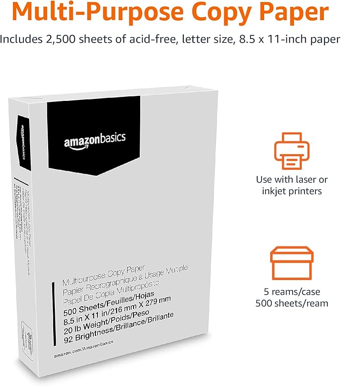 Amazon Basics Multipurpose Copy Printer Paper, 20 lb, 8.5 x 11 Inches, 5 Reams (2,500 Sheets), 92 Bright White